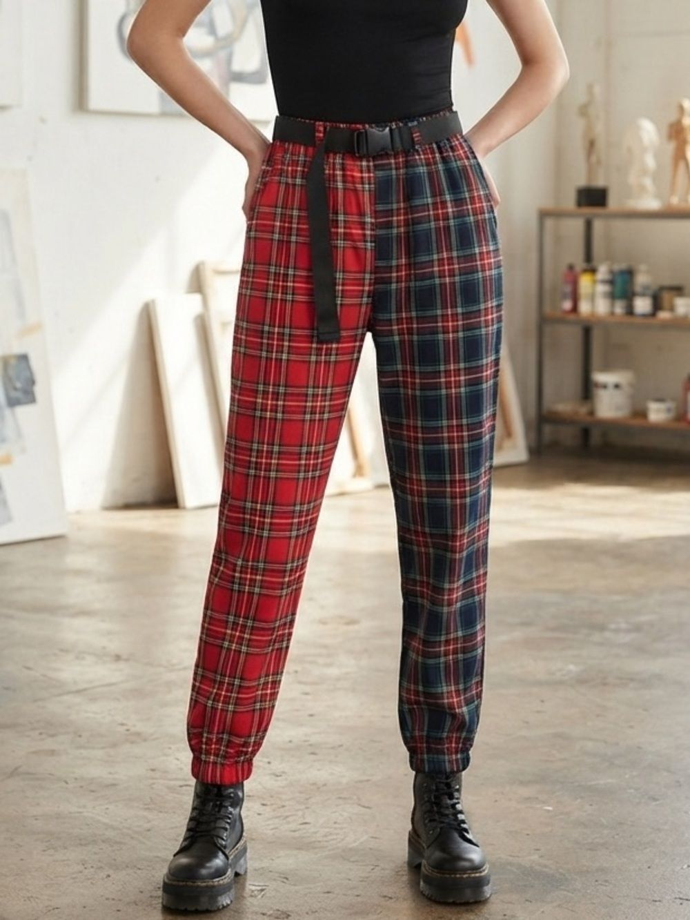 Take 50% OFF-Almost Famous Two-Tone Plaid Jogger Pants with Black Belt, Size-L